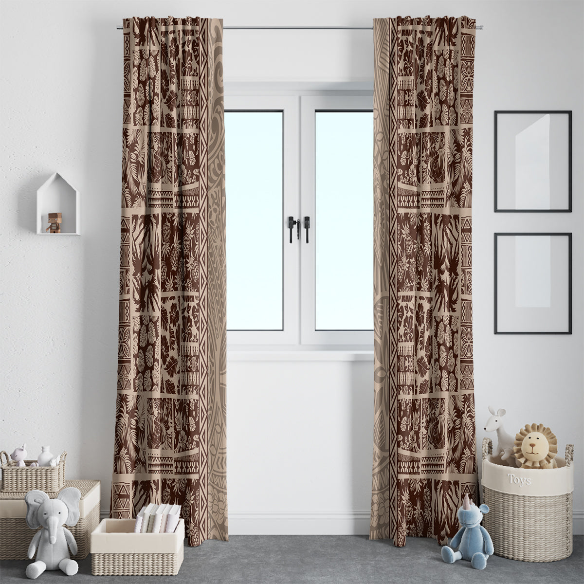 Hawaii Style Hibiscus and Tribal Element Fabric Patchwork Window Curtain Beige Version LT03 - Polynesian Pride