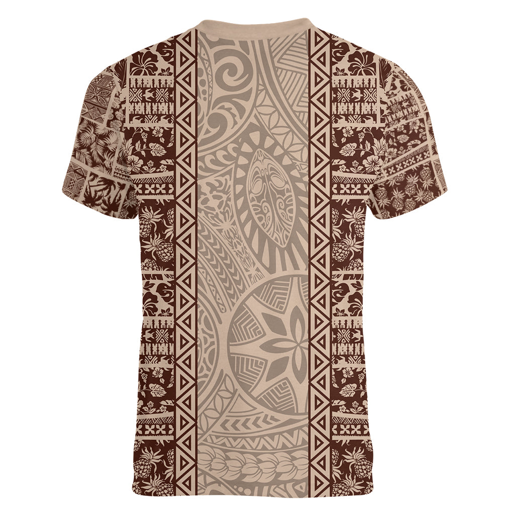 Hawaii Style Hibiscus and Tribal Element Fabric Patchwork Women V Neck T Shirt Beige Version LT03 - Polynesian Pride