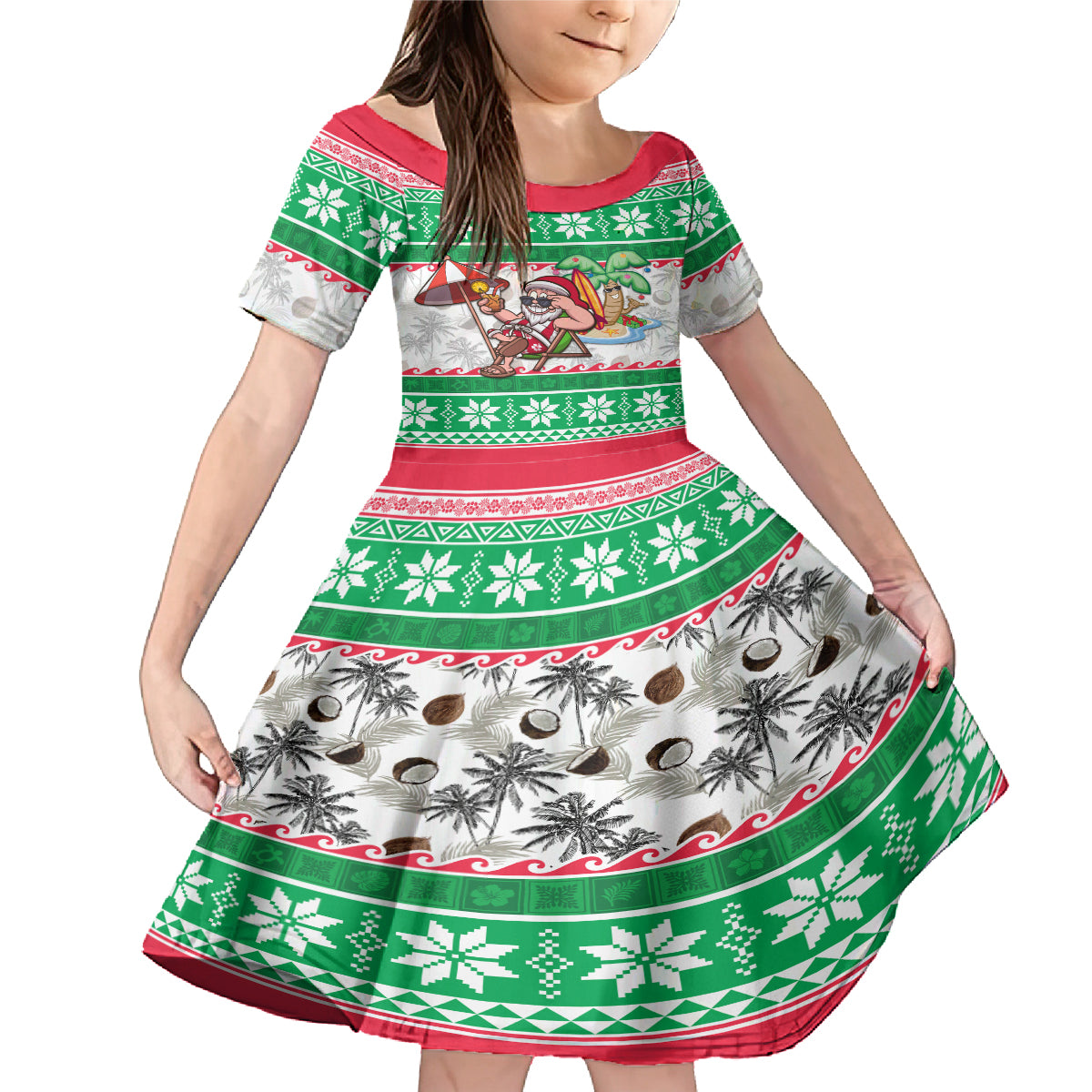 Hawaii Mele Kalikimaka Family Matching Mermaid Dress and Hawaiian Shirt Aloha Santa and Palm Tree Mix Kakau Pattern LT03 Daughter's Dress Green - Polynesian Pride