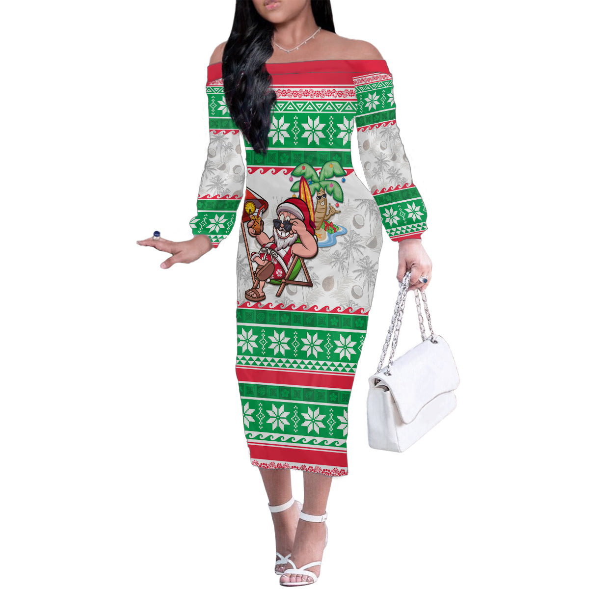 Hawaii Mele Kalikimaka Family Matching Off Shoulder Long Sleeve Dress and Hawaiian Shirt Aloha Santa and Palm Tree Mix Kakau Pattern LT03 Mom's Dress Green - Polynesian Pride