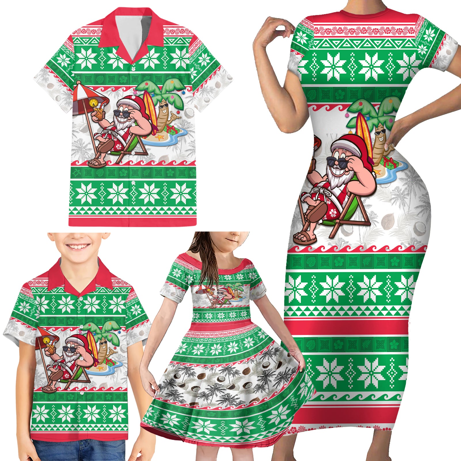 Hawaii Mele Kalikimaka Family Matching Short Sleeve Bodycon Dress and Hawaiian Shirt Aloha Santa and Palm Tree Mix Kakau Pattern LT03 - Polynesian Pride