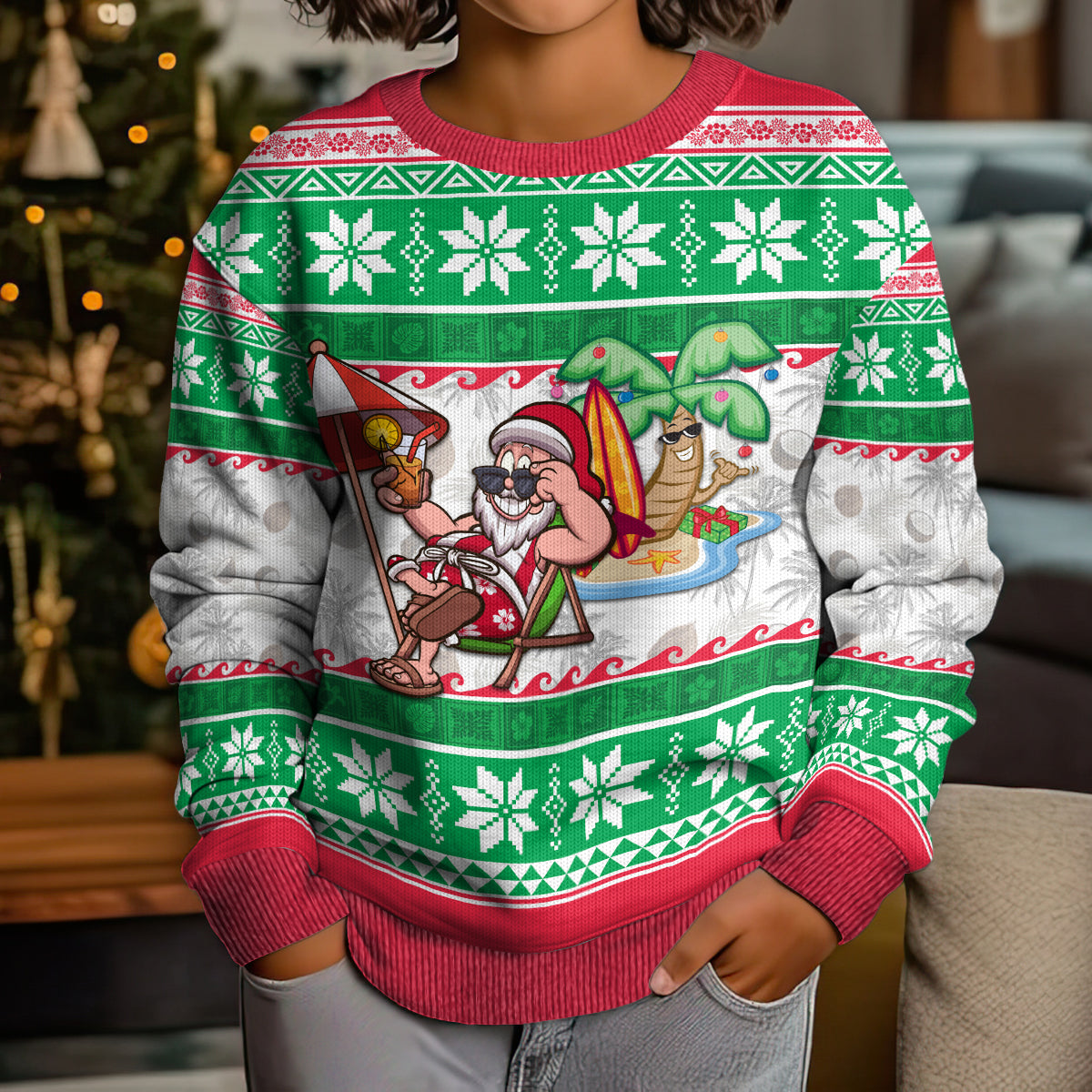 Hawaii Mele Kalikimaka Kid Ugly Christmas Sweater Aloha Santa and Palm Tree Mix Kakau Pattern LT03 - Polynesian Pride