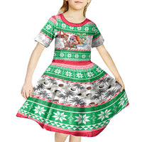Hawaii Mele Kalikimaka Kid Short Sleeve Dress Aloha Santa and Palm Tree Mix Kakau Pattern LT03 - Polynesian Pride