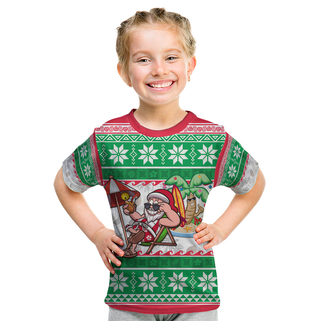 Hawaii Mele Kalikimaka Kid T Shirt Aloha Santa and Palm Tree Mix Kakau Pattern LT03 Green - Polynesian Pride