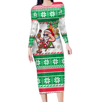 Hawaii Mele Kalikimaka Long Sleeve Bodycon Dress Aloha Santa and Palm Tree Mix Kakau Pattern LT03 Long Dress Green - Polynesian Pride