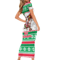 Hawaii Mele Kalikimaka Short Sleeve Bodycon Dress Aloha Santa and Palm Tree Mix Kakau Pattern LT03 - Polynesian Pride