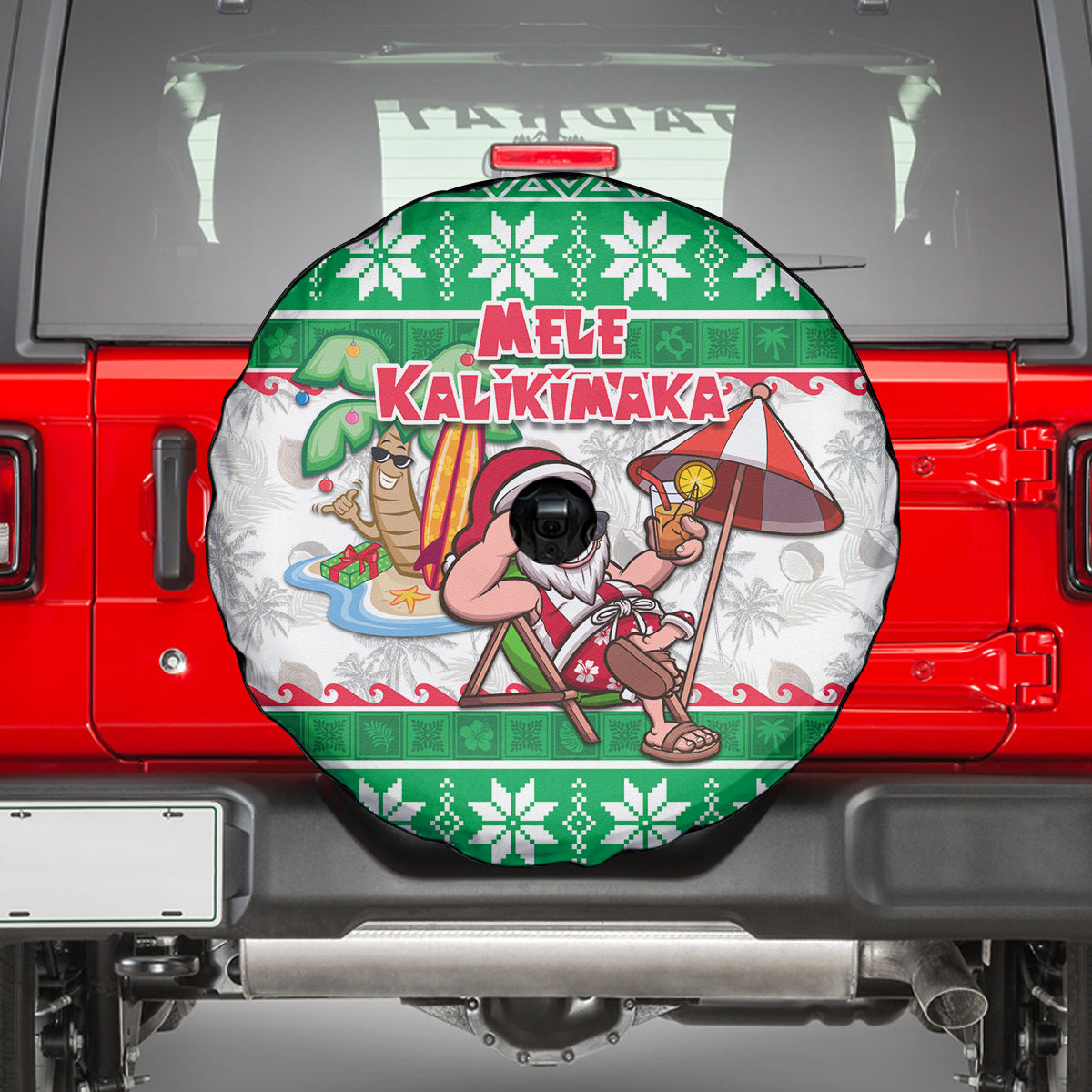 Hawaii Mele Kalikimaka Spare Tire Cover Aloha Santa and Palm Tree Mix Kakau Pattern LT03 - Polynesian Pride