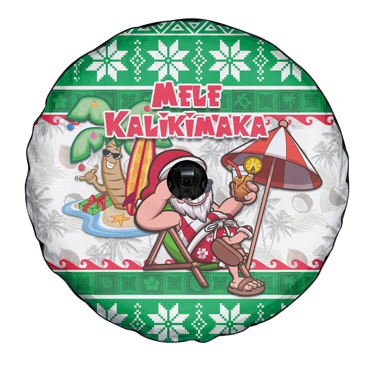 Hawaii Mele Kalikimaka Spare Tire Cover Aloha Santa and Palm Tree Mix Kakau Pattern LT03 - Polynesian Pride