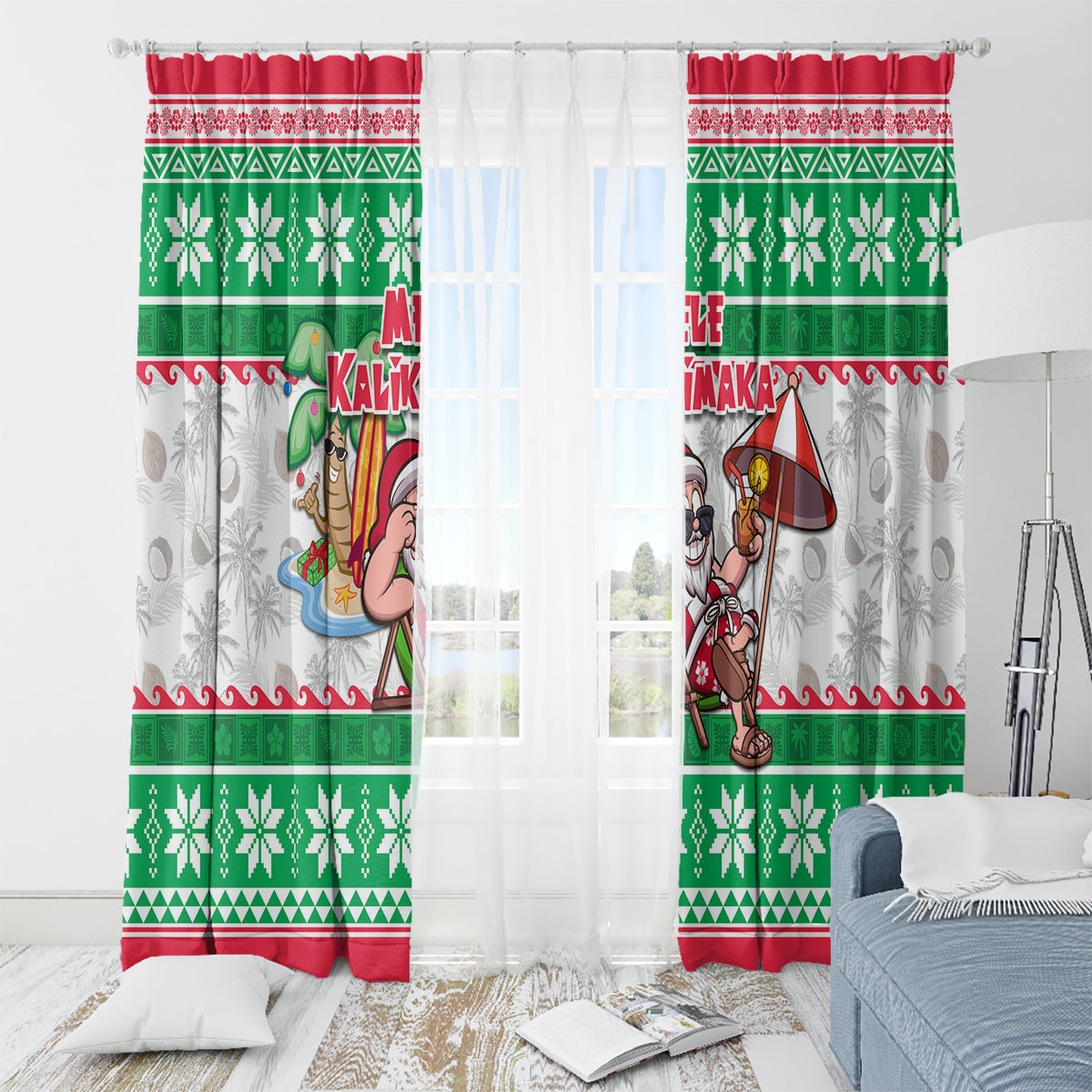 Hawaii Mele Kalikimaka Window Curtain Aloha Santa and Palm Tree Mix Kakau Pattern LT03 - Polynesian Pride
