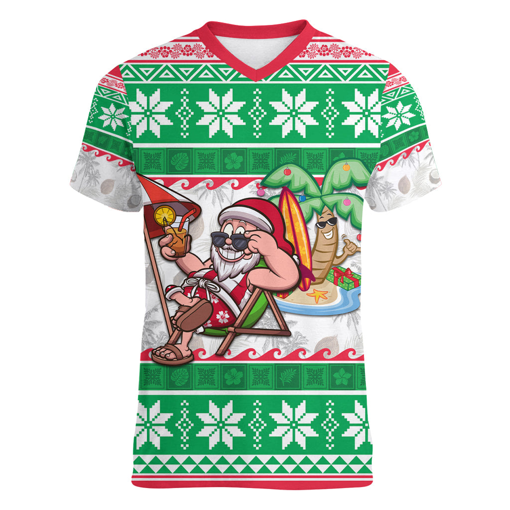 Hawaii Mele Kalikimaka Women V Neck T Shirt Aloha Santa and Palm Tree Mix Kakau Pattern LT03 Female Green - Polynesian Pride