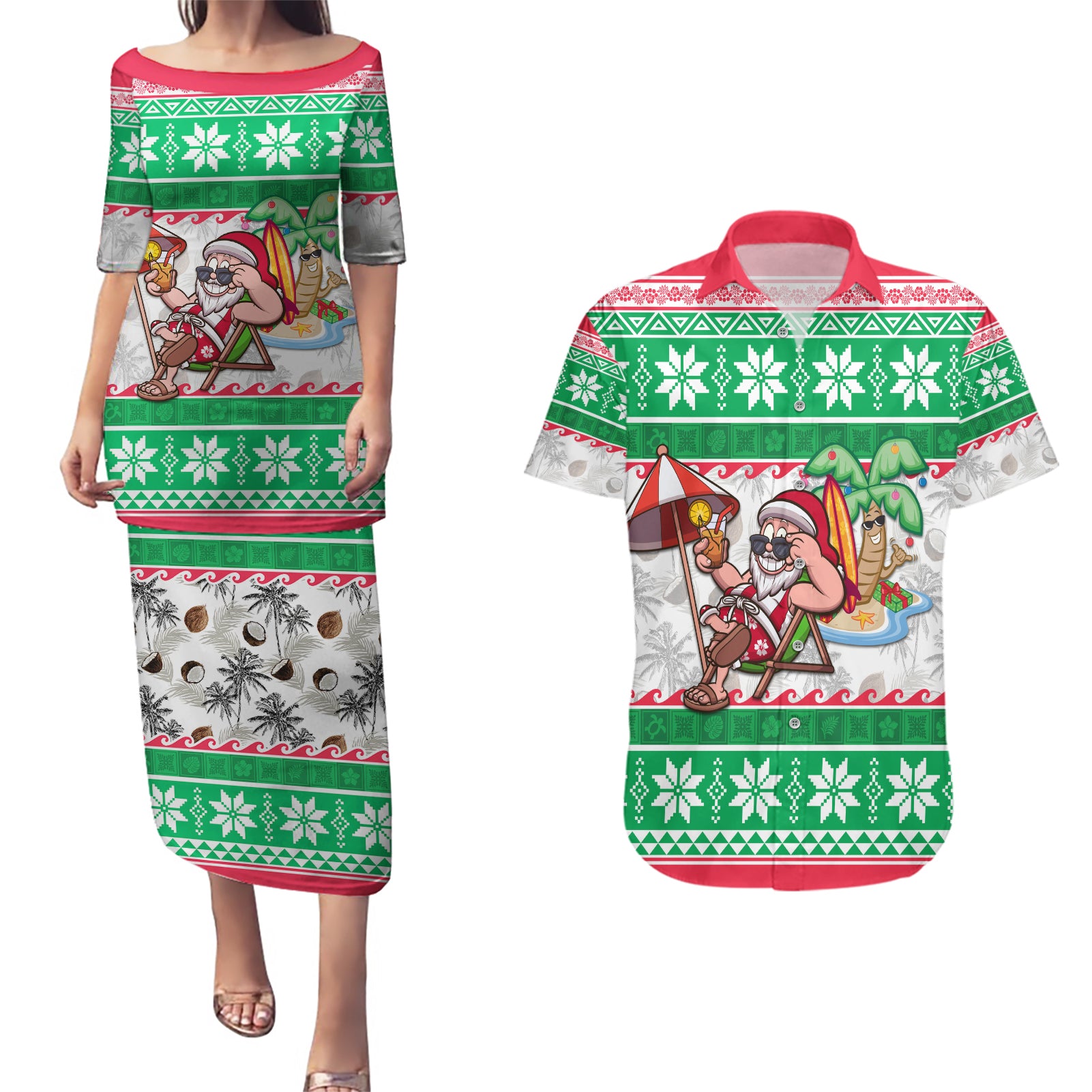 Custom Hawaii Mele Kalikimaka Couples Matching Puletasi Dress and Hawaiian Shirt Aloha Santa and Palm Tree Mix Kakau Pattern LT03 Green - Polynesian Pride