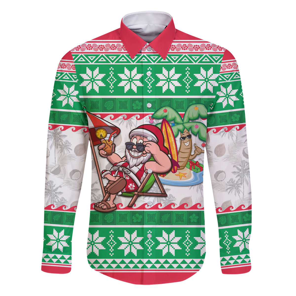 Custom Hawaii Mele Kalikimaka Family Matching Puletasi Dress and Hawaiian Shirt Aloha Santa and Palm Tree Mix Kakau Pattern LT03 Dad's Shirt - Long Sleeve Green - Polynesian Pride