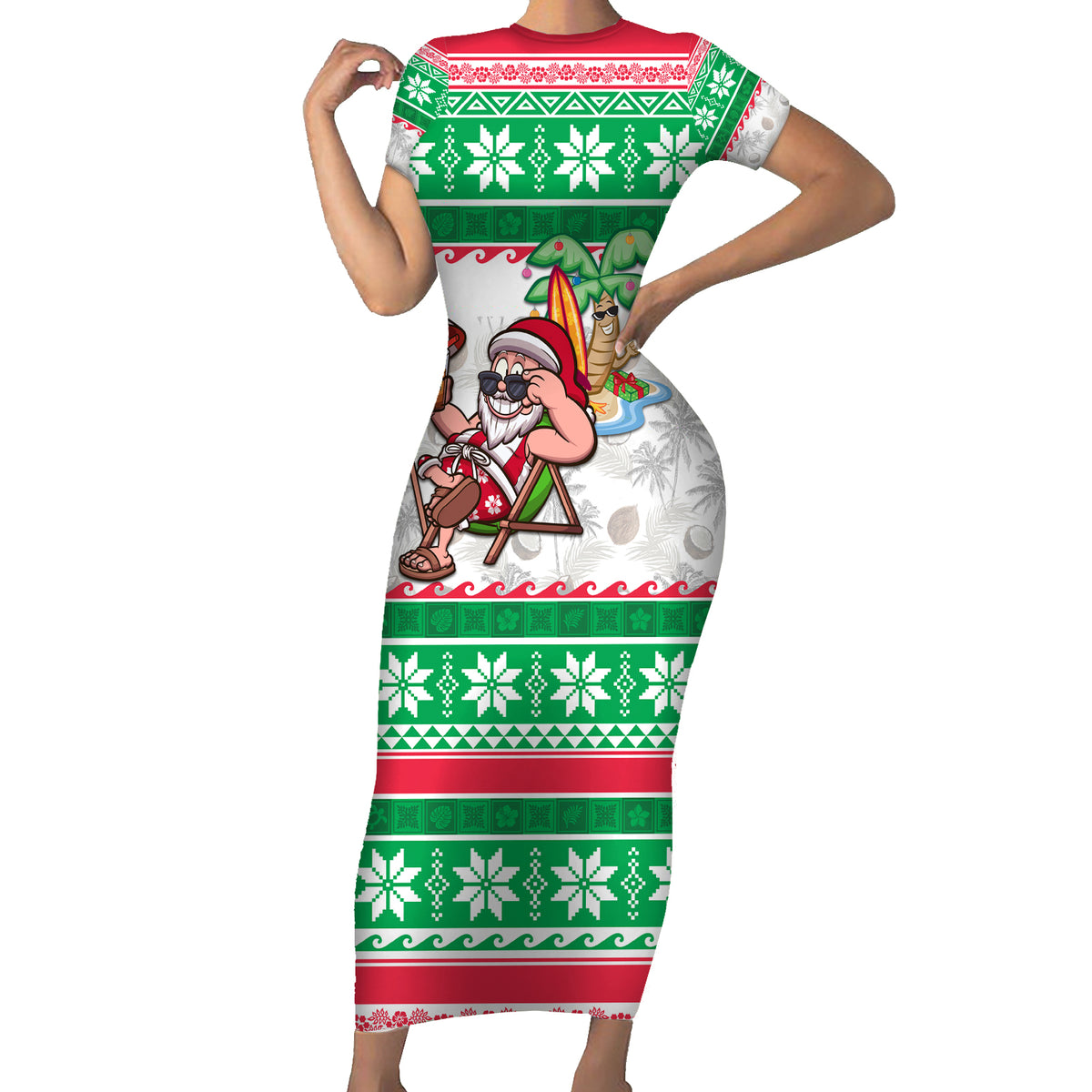 Custom Hawaii Mele Kalikimaka Family Matching Short Sleeve Bodycon Dress and Hawaiian Shirt Aloha Santa and Palm Tree Mix Kakau Pattern LT03 Mom's Dress Green - Polynesian Pride