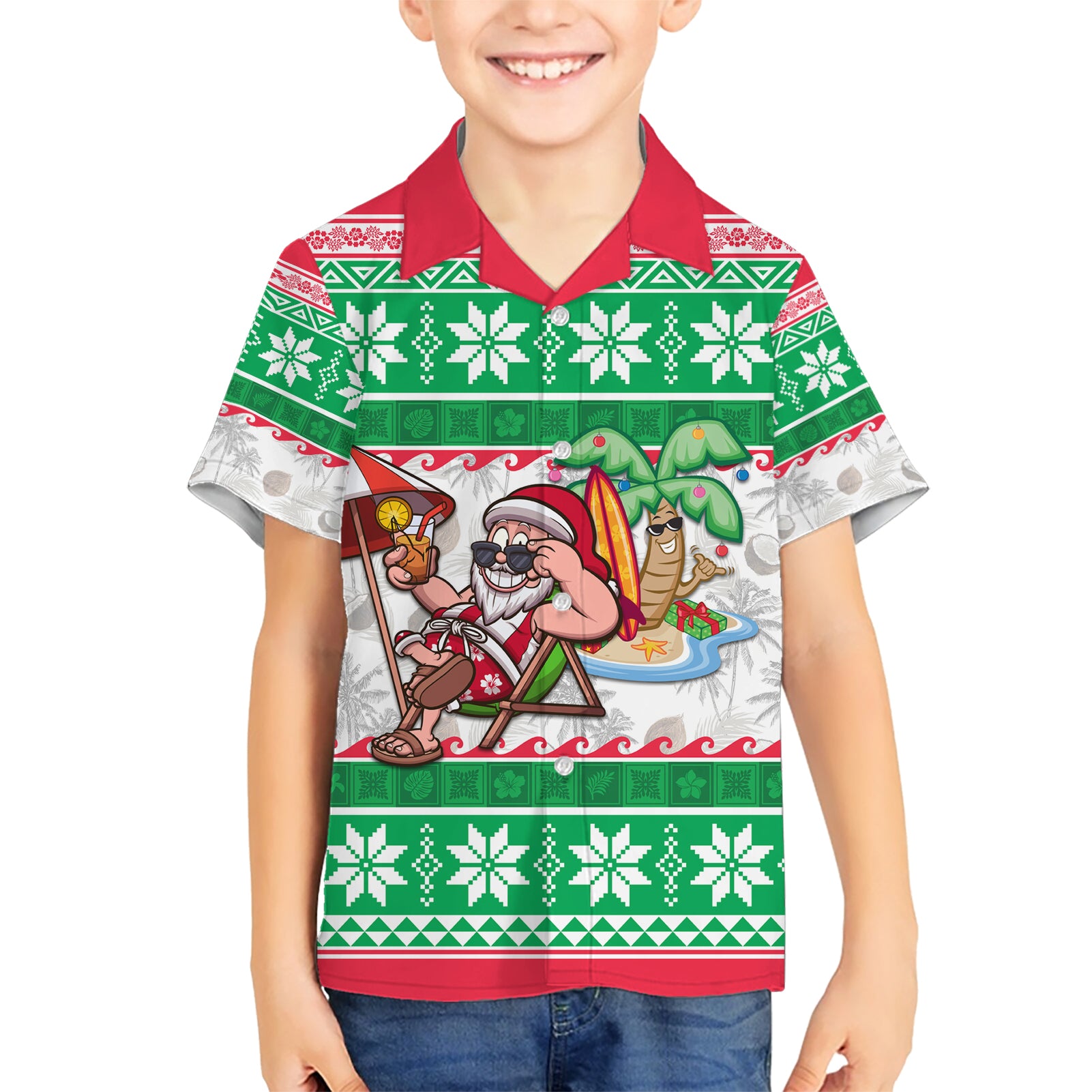 Custom Hawaii Mele Kalikimaka Kid Hawaiian Shirt Aloha Santa and Palm Tree Mix Kakau Pattern LT03 Kid Green - Polynesian Pride