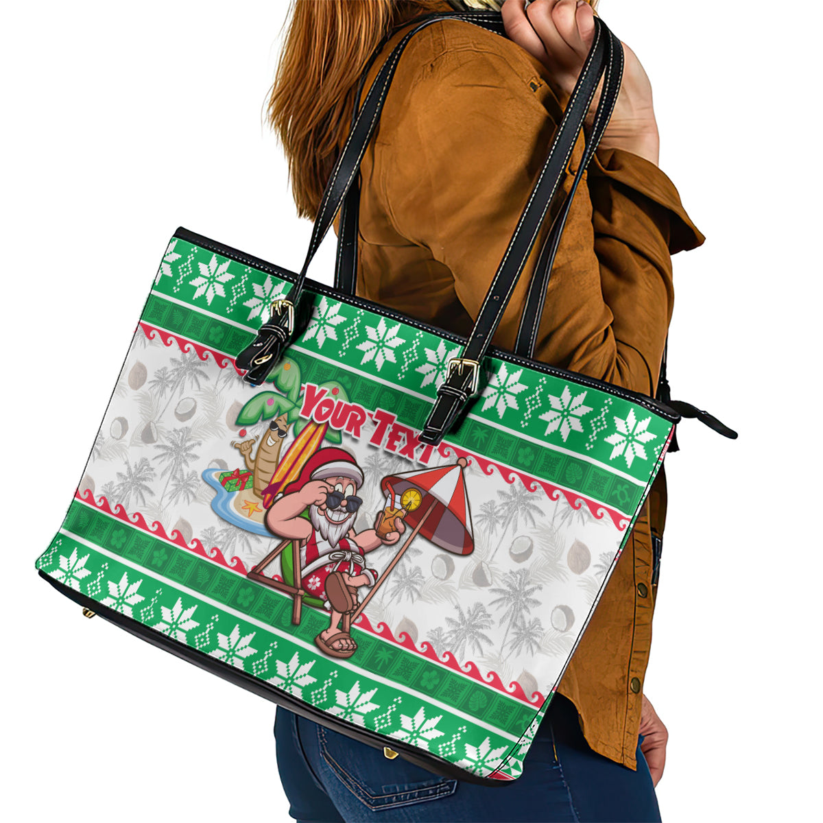 Custom Hawaii Mele Kalikimaka Leather Tote Bag Aloha Santa and Palm Tree Mix Kakau Pattern LT03 - Polynesian Pride