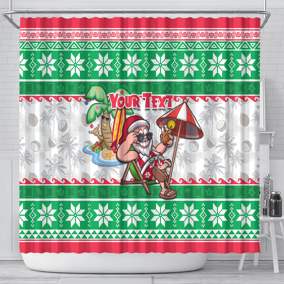Custom Hawaii Mele Kalikimaka Shower Curtain Aloha Santa and Palm Tree Mix Kakau Pattern LT03 - Polynesian Pride