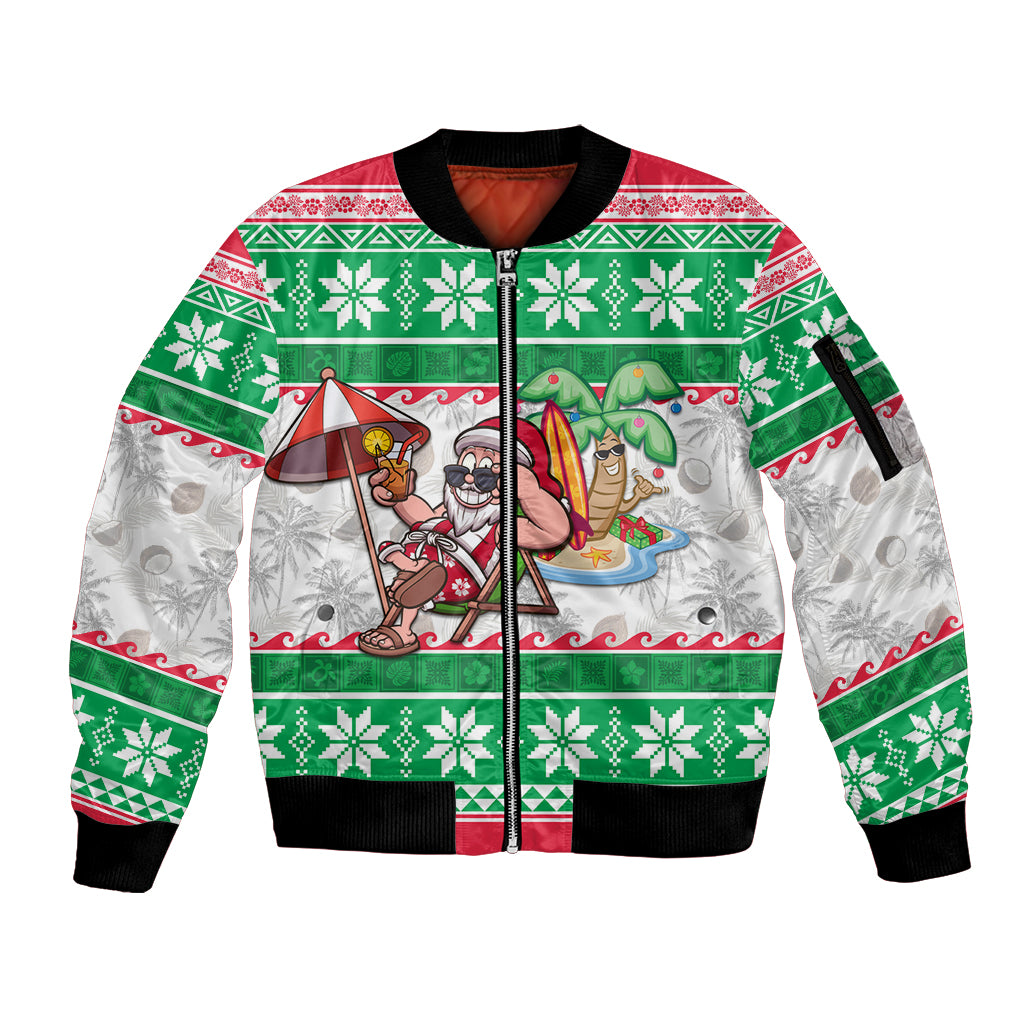 Custom Hawaii Mele Kalikimaka Sleeve Zip Bomber Jacket Aloha Santa and Palm Tree Mix Kakau Pattern LT03 Unisex Green - Polynesian Pride