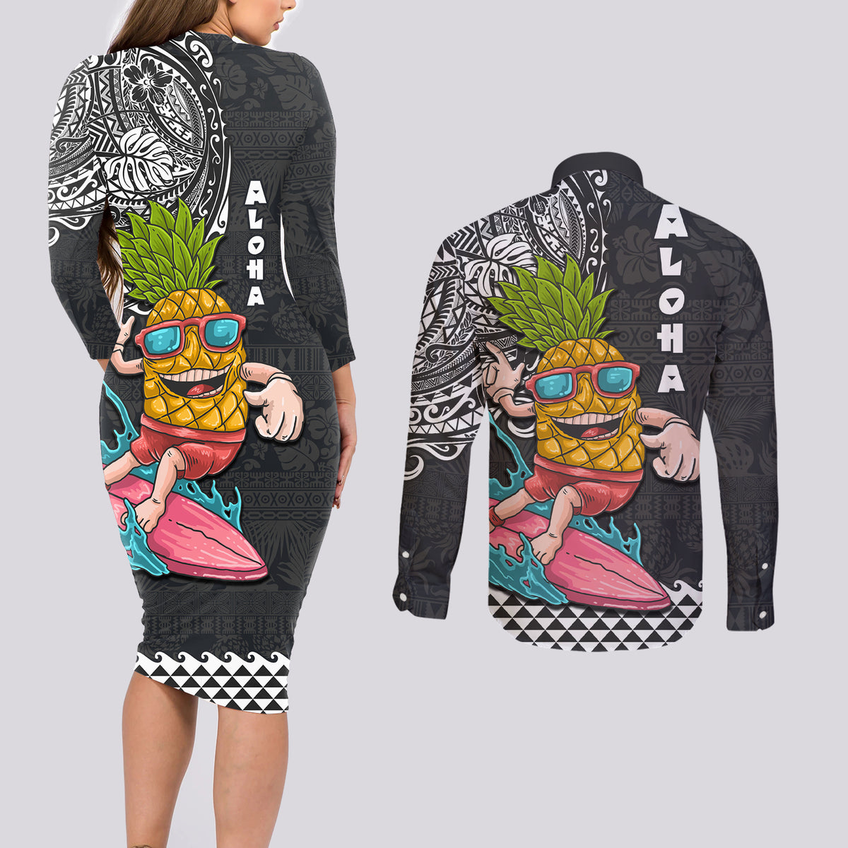 Hawaii Pineapple Surfing With Kakau Tribal Couples Matching Long Sleeve Bodycon Dress and Long Sleeve Button Shirt LT03 - Polynesian Pride
