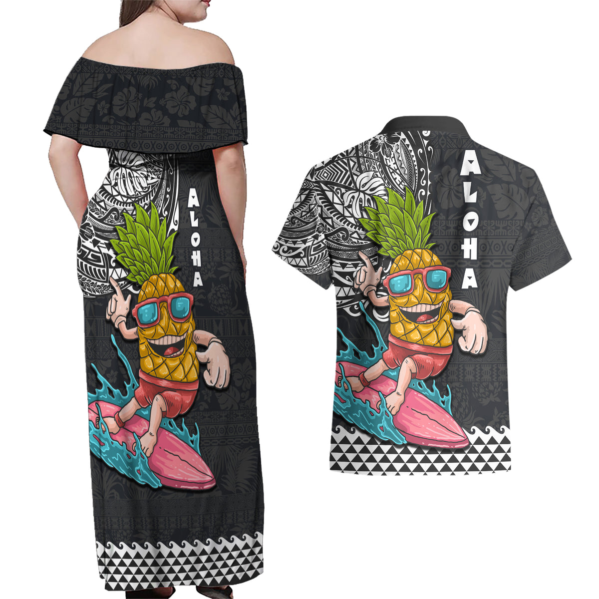 Hawaii Pineapple Surfing With Kakau Tribal Couples Matching Off Shoulder Maxi Dress and Hawaiian Shirt LT03 - Polynesian Pride