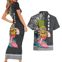 Hawaii Pineapple Surfing With Kakau Tribal Couples Matching Short Sleeve Bodycon Dress and Hawaiian Shirt LT03 - Polynesian Pride