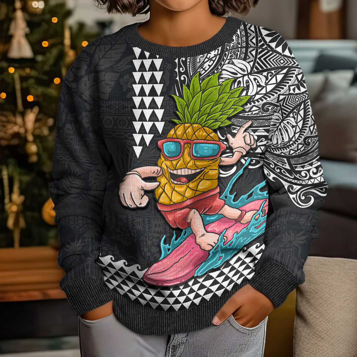 Hawaii Pineapple Surfing With Kakau Tribal Kid Ugly Christmas Sweater LT03 - Polynesian Pride