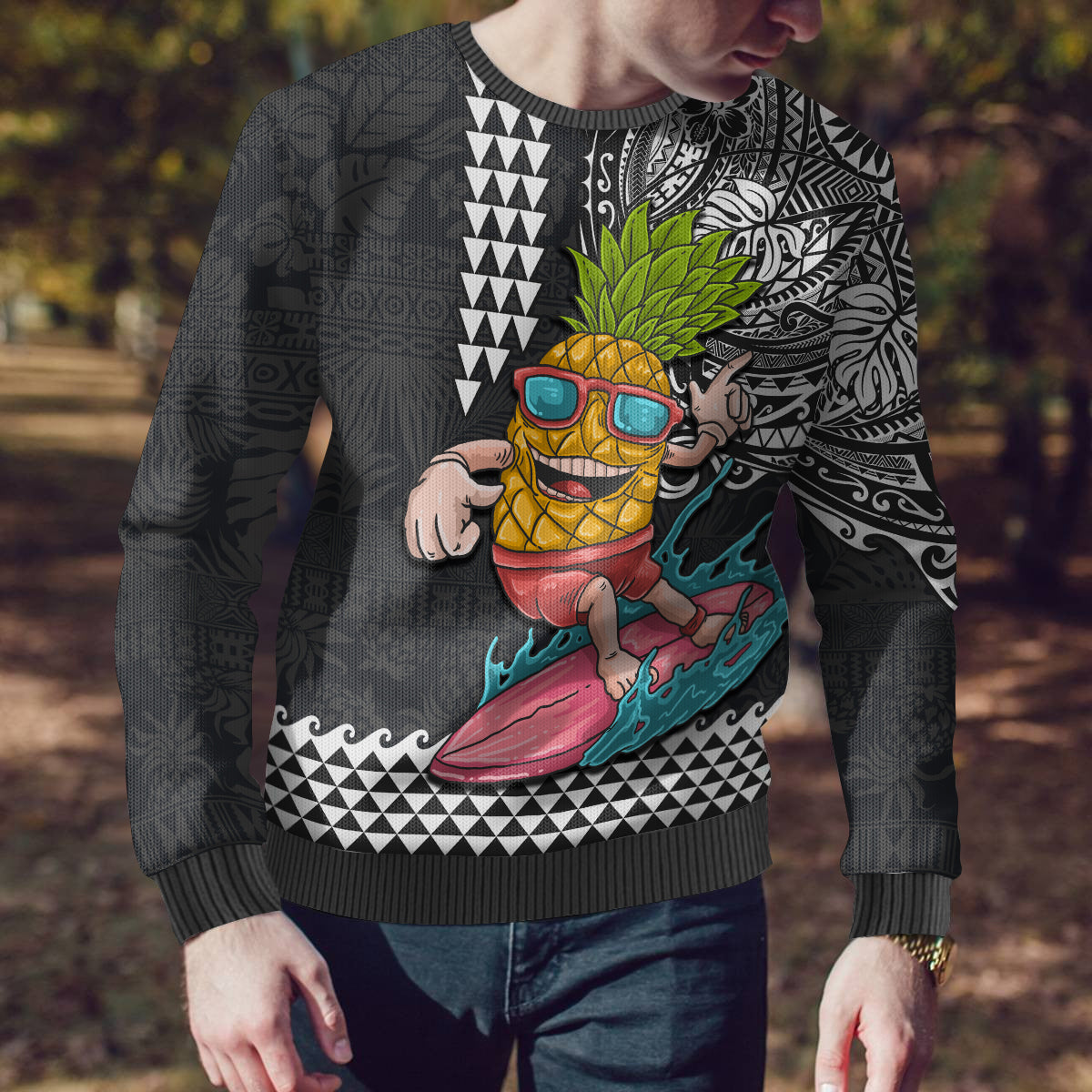 Hawaii Pineapple Surfing With Kakau Tribal Ugly Christmas Sweater LT03 - Polynesian Pride