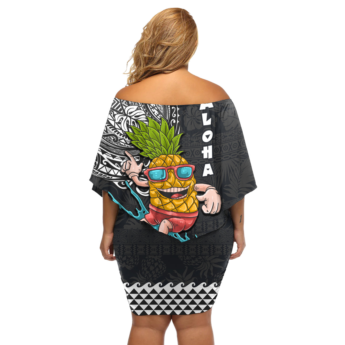 Hawaii Pineapple Surfing With Kakau Tribal Off Shoulder Short Dress LT03 - Polynesian Pride