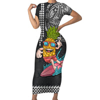 Hawaii Pineapple Surfing With Kakau Tribal Short Sleeve Bodycon Dress LT03 Long Dress Brown - Polynesian Pride