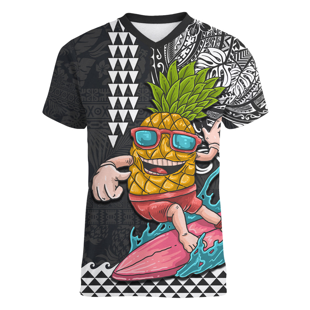 Hawaii Pineapple Surfing With Kakau Tribal Women V Neck T Shirt LT03 Female Brown - Polynesian Pride