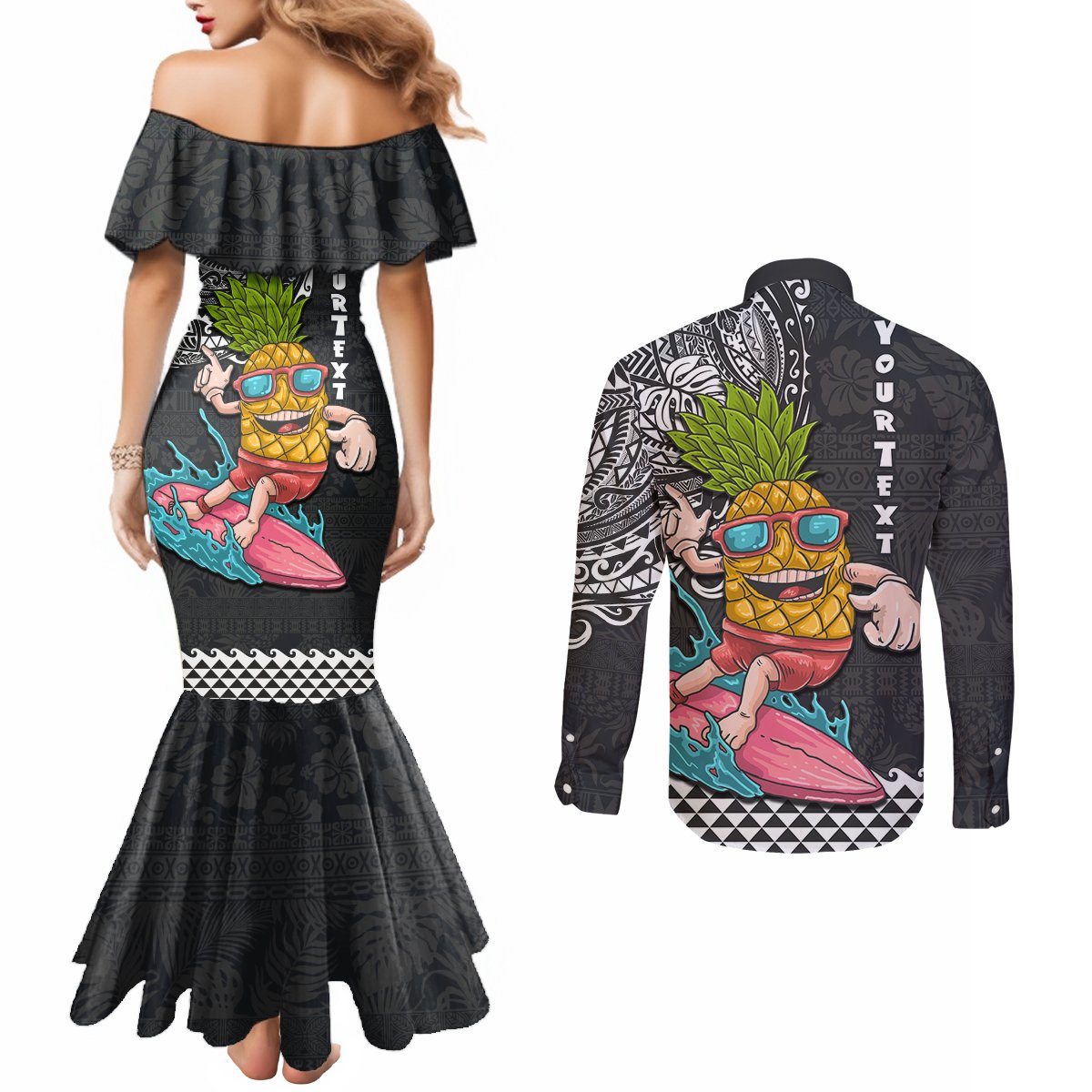 Hawaii Pineapple Surfing Kakau Tribal Personalised Couples Matching Mermaid Dress and Long Sleeve Button Shirt LT03 - Polynesian Pride