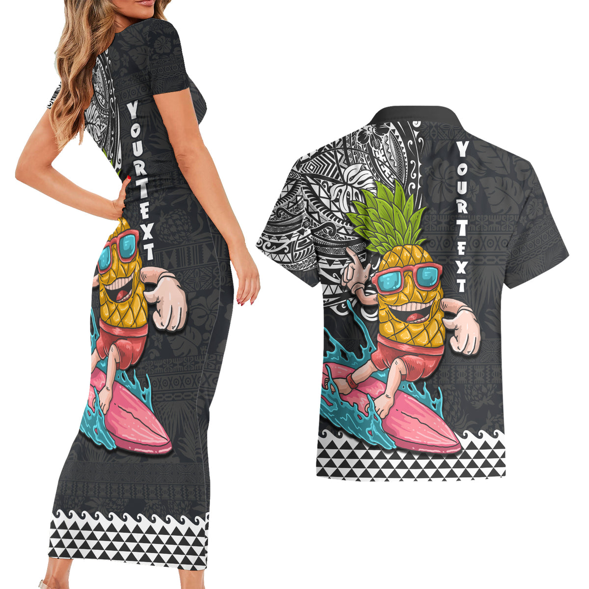 Hawaii Pineapple Surfing Kakau Tribal Personalised Couples Matching Short Sleeve Bodycon Dress and Hawaiian Shirt LT03 - Polynesian Pride
