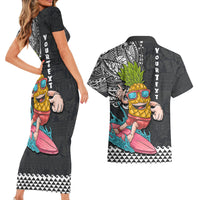 Hawaii Pineapple Surfing Kakau Tribal Personalised Couples Matching Short Sleeve Bodycon Dress and Hawaiian Shirt LT03 - Polynesian Pride