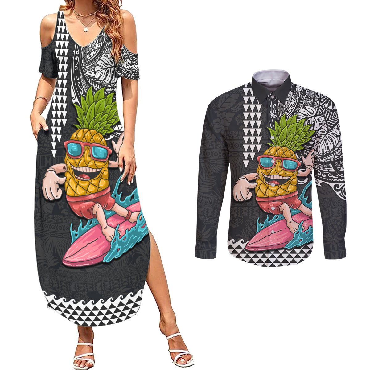 Hawaii Pineapple Surfing Kakau Tribal Personalised Couples Matching Summer Maxi Dress and Long Sleeve Button Shirt LT03 Brown - Polynesian Pride
