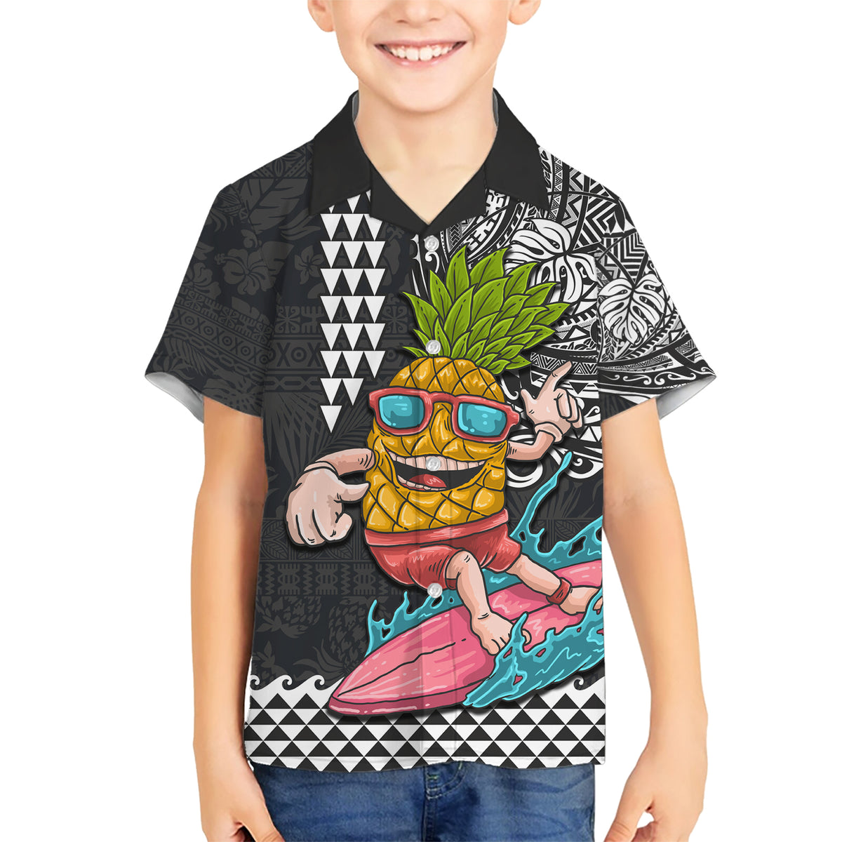Hawaii Pineapple Surfing Kakau Tribal Personalised Family Matching Short Sleeve Bodycon Dress and Hawaiian Shirt LT03 Son's Shirt Brown - Polynesian Pride