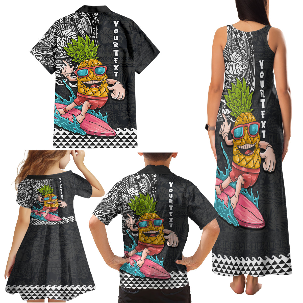 Hawaii Pineapple Surfing Kakau Tribal Personalised Family Matching Tank Maxi Dress and Hawaiian Shirt LT03 - Polynesian Pride