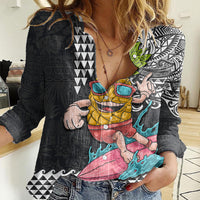 Hawaii Pineapple Surfing Kakau Tribal Personalised Women Casual Shirt LT03 Female Brown - Polynesian Pride