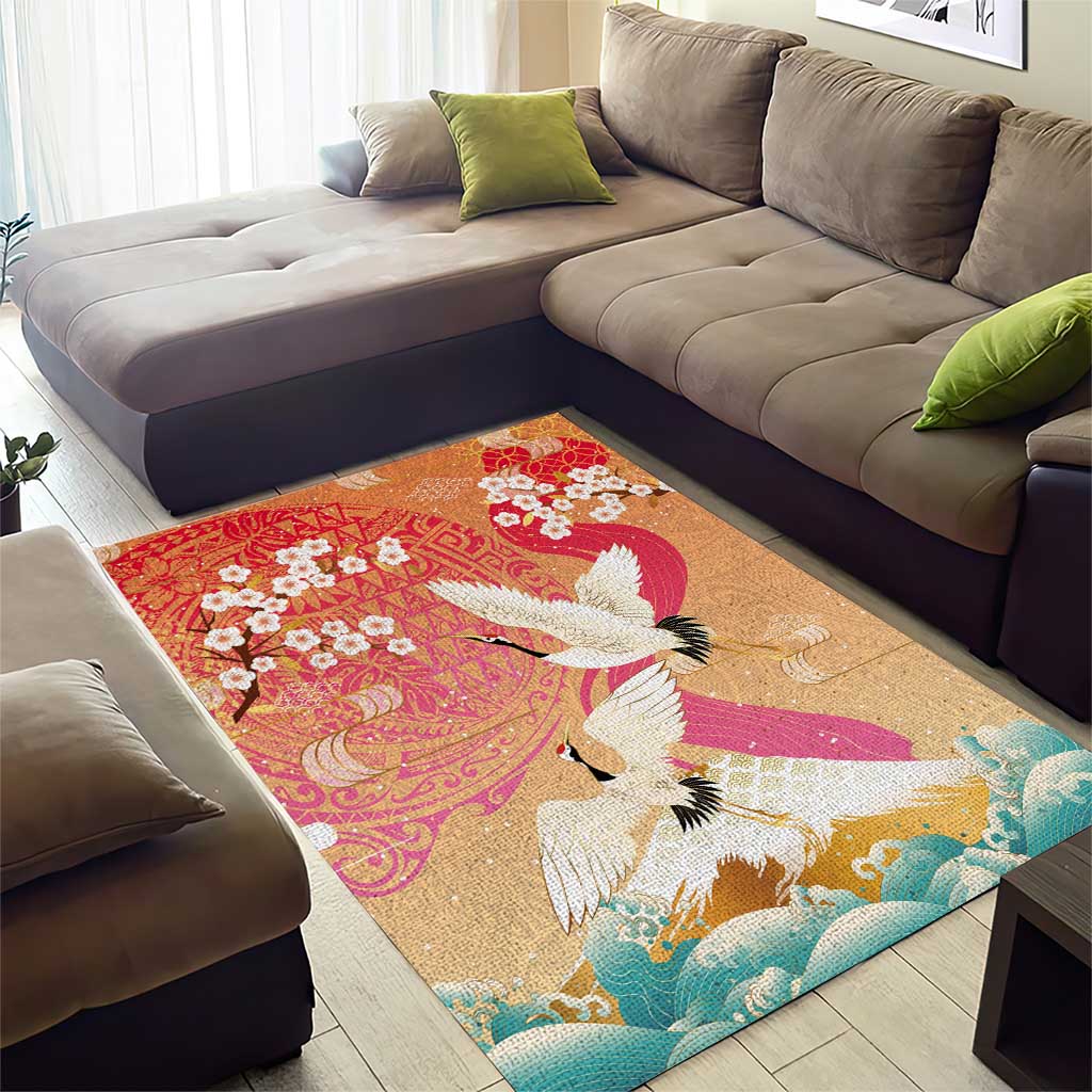 Hawaiian and Japanese Culture Together Area Rug Kakau Art Tattoo with Cranes and Sakura Spring Vibe LT03 - Polynesian Pride