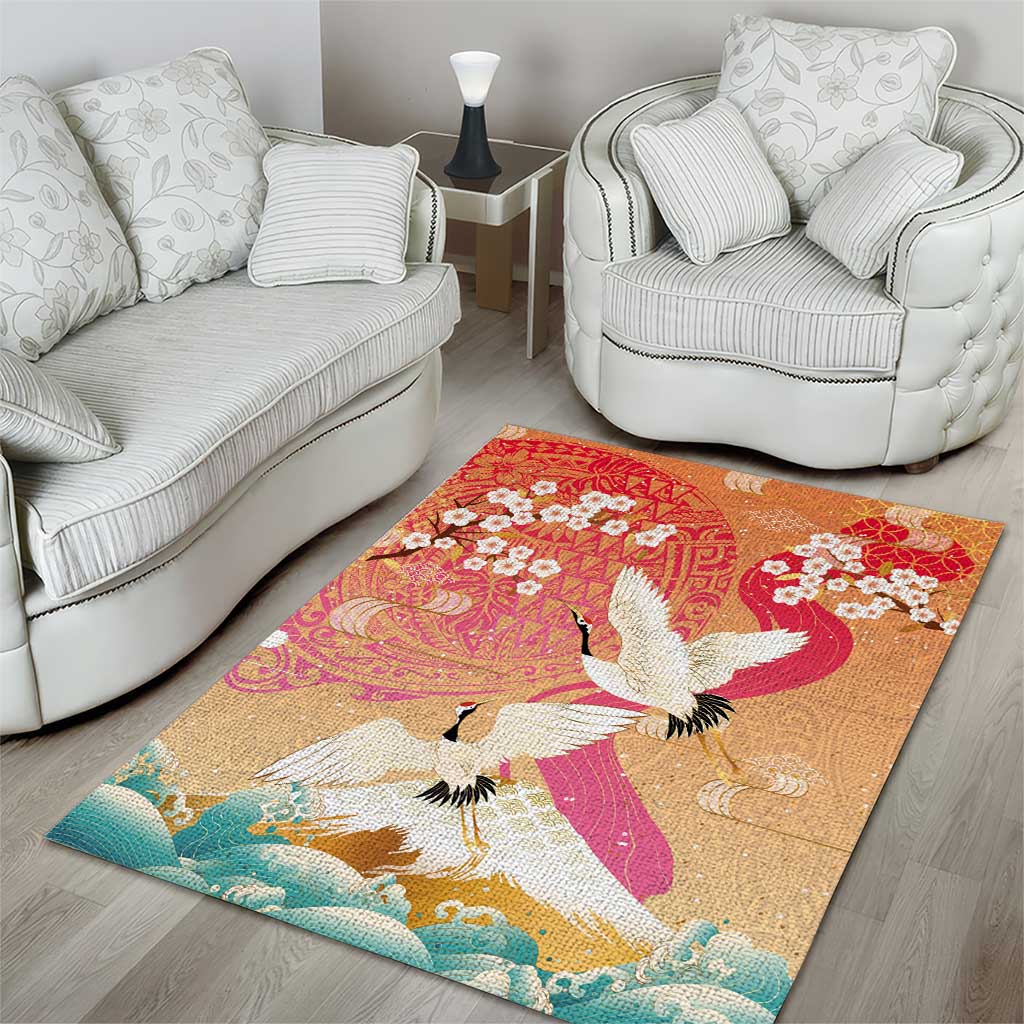 Hawaiian and Japanese Culture Together Area Rug Kakau Art Tattoo with Cranes and Sakura Spring Vibe LT03 - Polynesian Pride