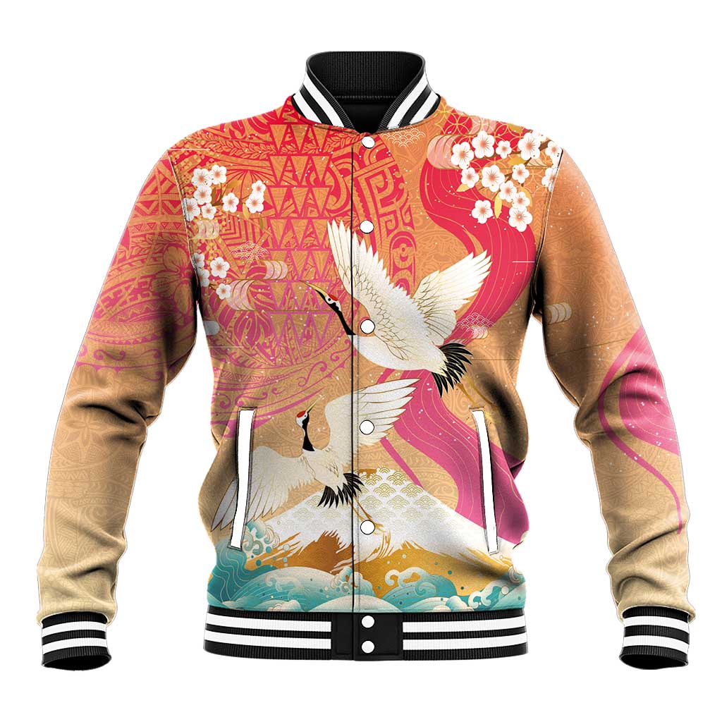 Hawaiian and Japanese Culture Together Baseball Jacket Kakau Art Tattoo with Cranes and Sakura Spring Vibe LT03 Unisex Multicolor - Polynesian Pride