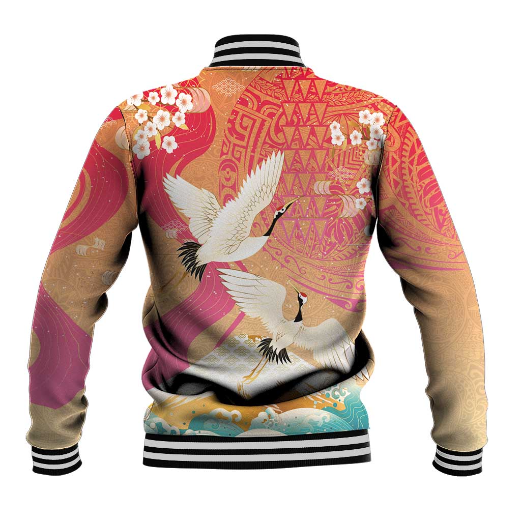 Hawaiian and Japanese Culture Together Baseball Jacket Kakau Art Tattoo with Cranes and Sakura Spring Vibe LT03 - Polynesian Pride