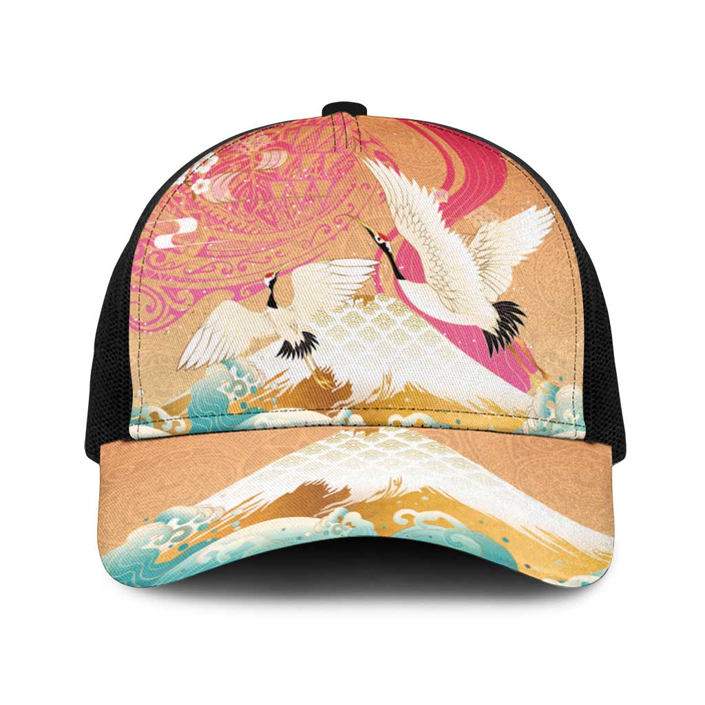 Hawaiian and Japanese Culture Together Baseball Net Cap Kakau Art Tattoo with Cranes and Sakura Spring Vibe LT03 One Size Black Multicolor - Polynesian Pride