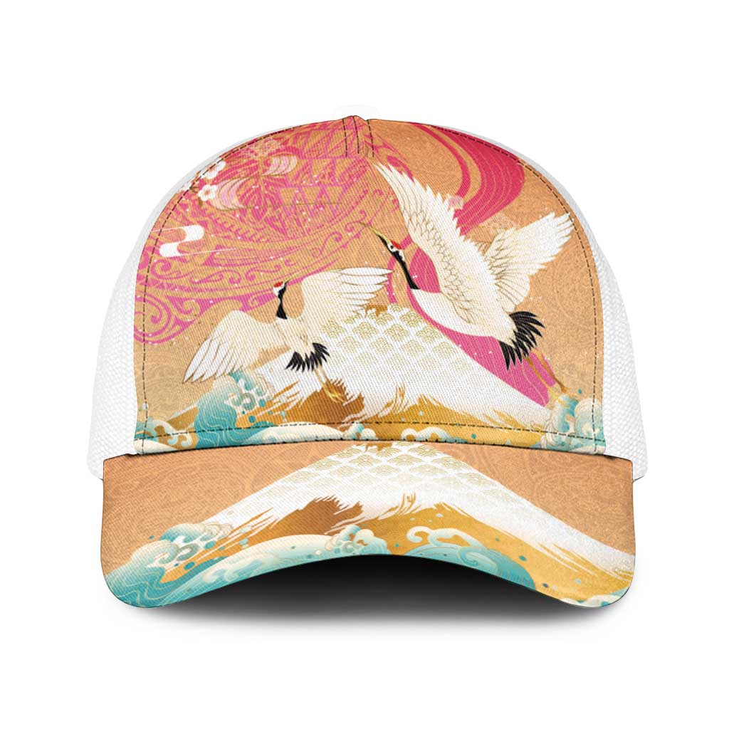 Hawaiian and Japanese Culture Together Baseball Net Cap Kakau Art Tattoo with Cranes and Sakura Spring Vibe LT03 One Size White Multicolor - Polynesian Pride