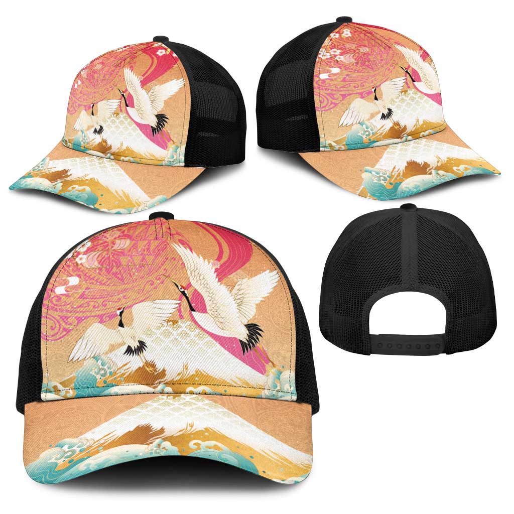 Hawaiian and Japanese Culture Together Baseball Net Cap Kakau Art Tattoo with Cranes and Sakura Spring Vibe LT03 - Polynesian Pride