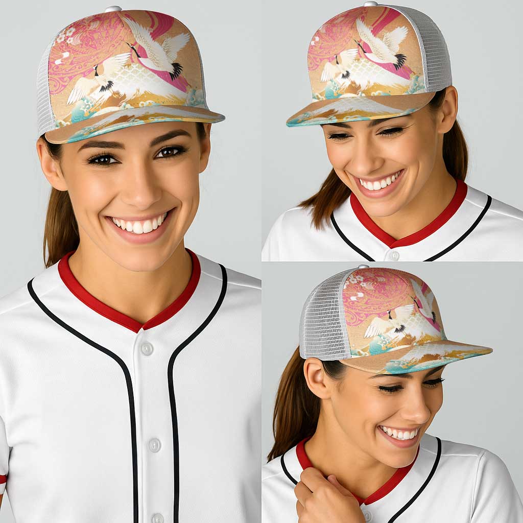 Hawaiian and Japanese Culture Together Baseball Net Cap Kakau Art Tattoo with Cranes and Sakura Spring Vibe LT03 - Polynesian Pride