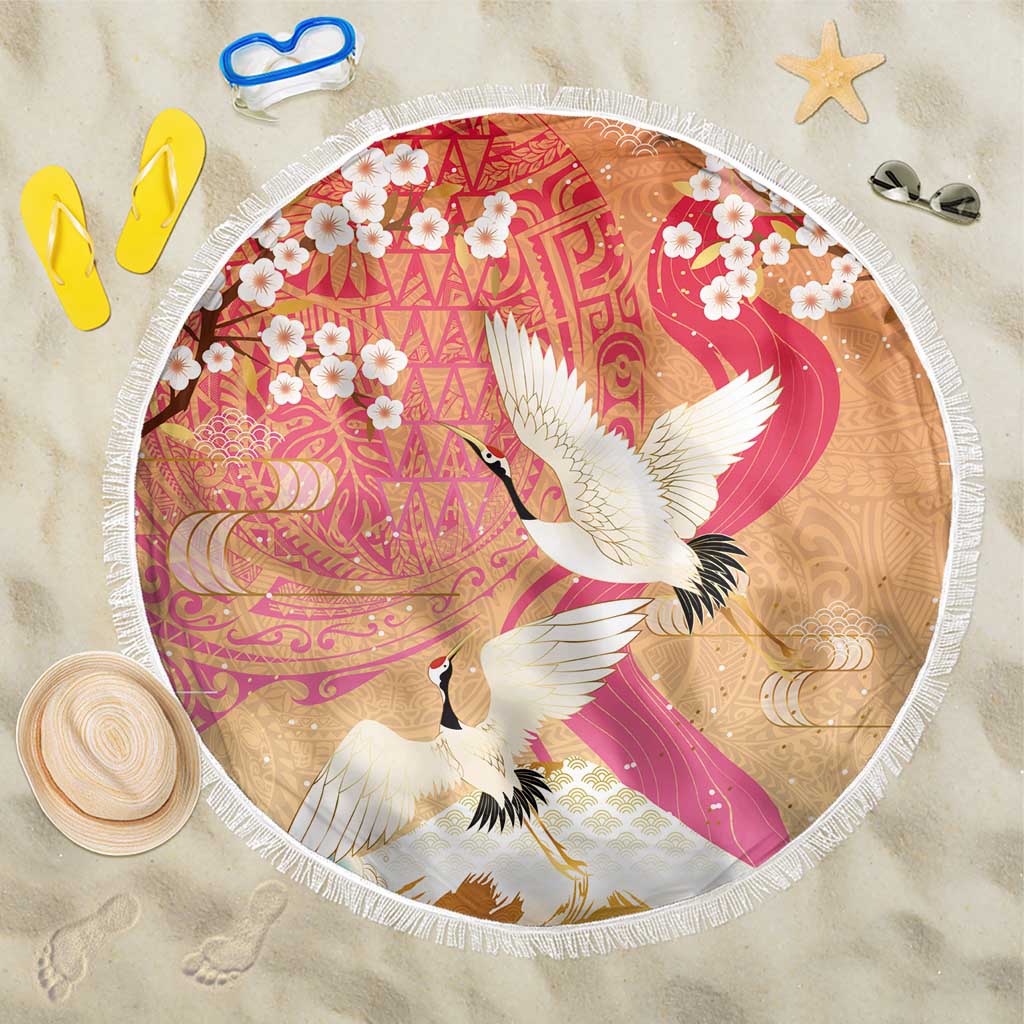 Hawaiian and Japanese Culture Together Beach Blanket Kakau Art Tattoo with Cranes and Sakura Spring Vibe LT03 One Size 150cm Multicolor - Polynesian Pride