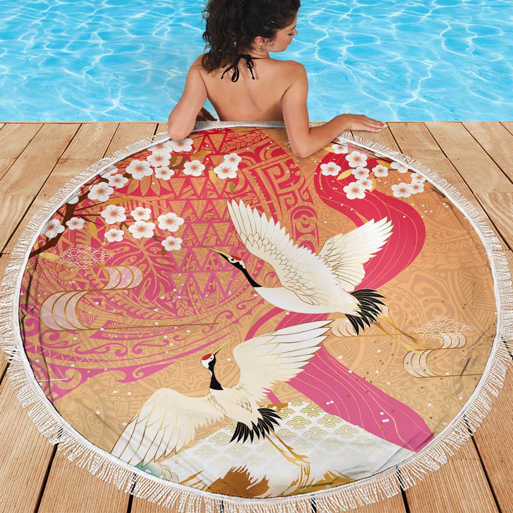 Hawaiian and Japanese Culture Together Beach Blanket Kakau Art Tattoo with Cranes and Sakura Spring Vibe LT03 - Polynesian Pride