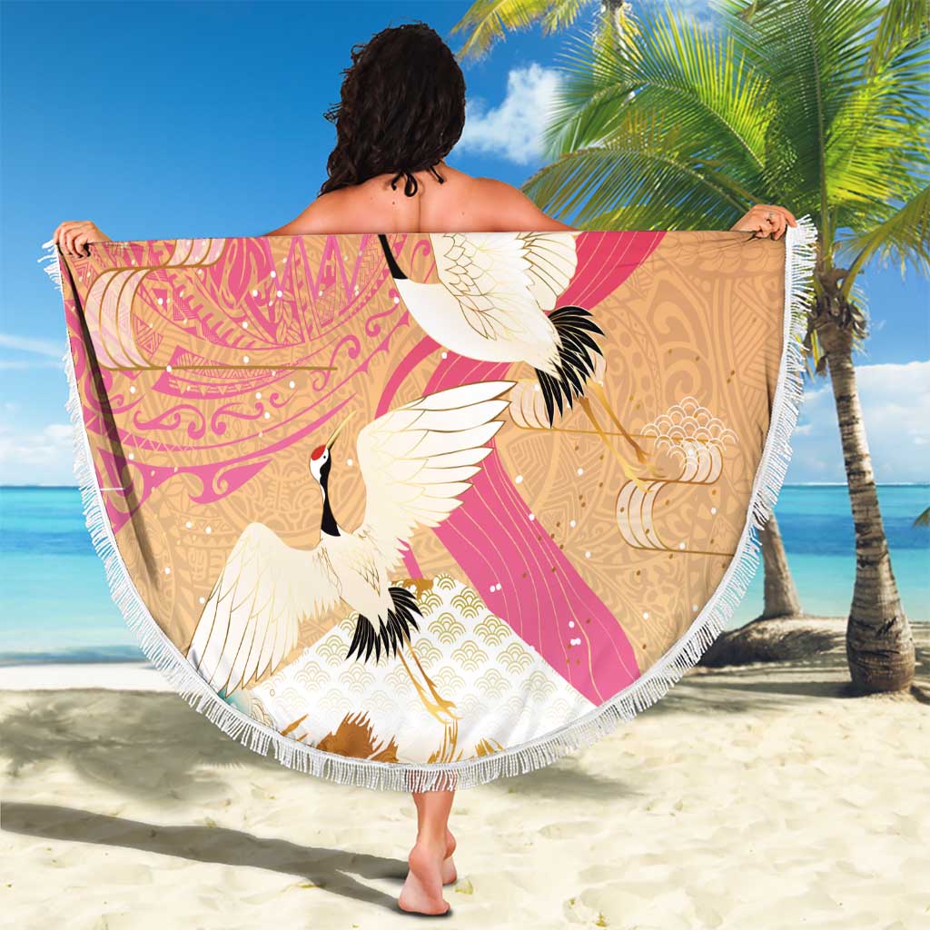 Hawaiian and Japanese Culture Together Beach Blanket Kakau Art Tattoo with Cranes and Sakura Spring Vibe LT03 - Polynesian Pride