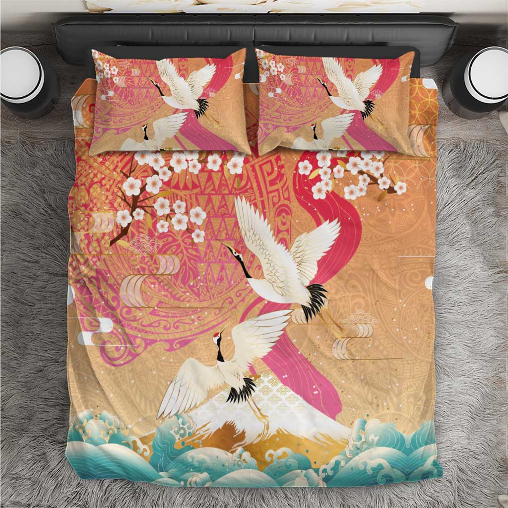 Hawaiian and Japanese Culture Together Bedding Set Kakau Art Tattoo with Cranes and Sakura Spring Vibe LT03 Multicolor - Polynesian Pride