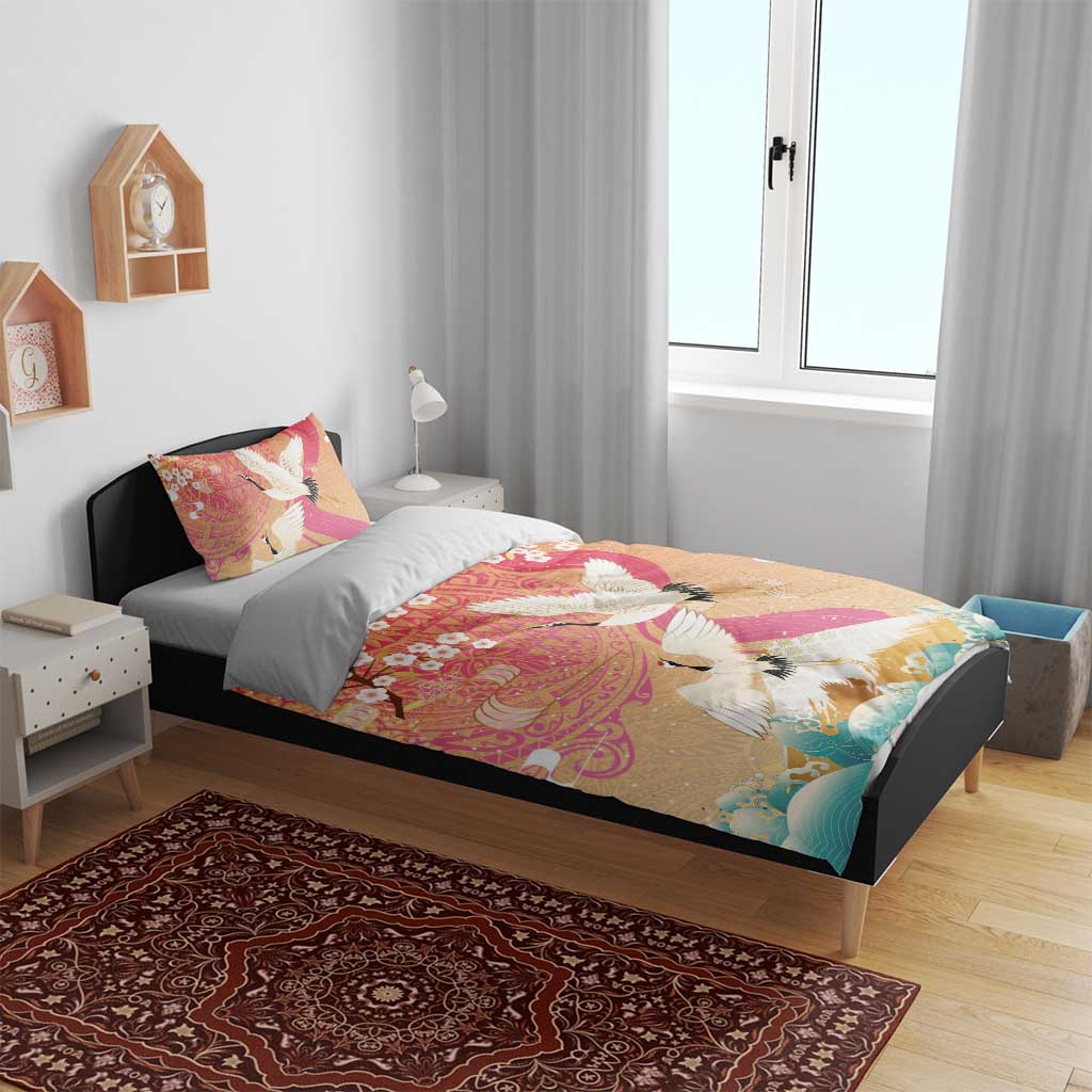 Hawaiian and Japanese Culture Together Bedding Set Kakau Art Tattoo with Cranes and Sakura Spring Vibe LT03 - Polynesian Pride