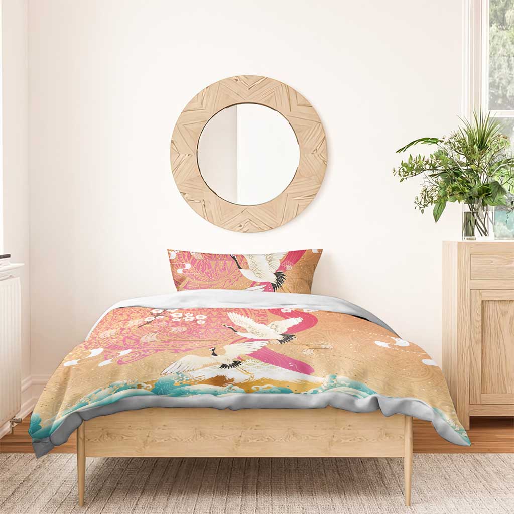 Hawaiian and Japanese Culture Together Bedding Set Kakau Art Tattoo with Cranes and Sakura Spring Vibe LT03 - Polynesian Pride
